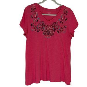Sonoma Embroidered Beaded Knit Top Blouse Shirt T Shirt Floral Pink XL
